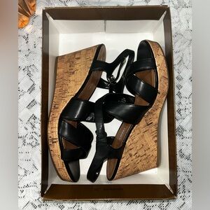 Franco Sarto Black and Brown Wedge Sandals (WORN ONCE)